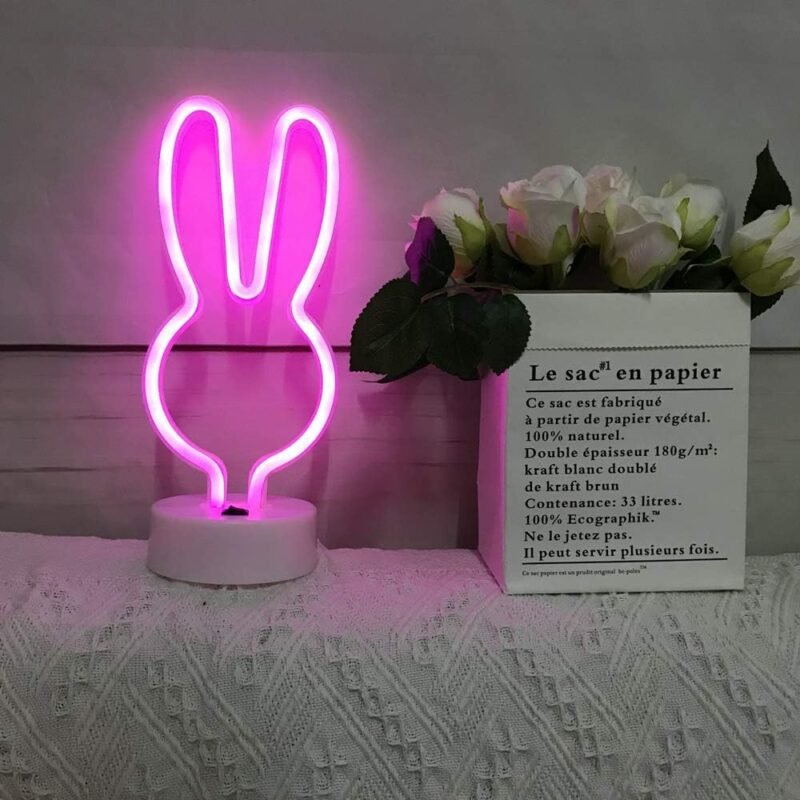 BAILEY Rabbit Ears Neon Sign,Easter Bunny Rabbit LED Lights with Holder Base,USB or 3-AA Battery Powered Neon Light of Business Premises for Christmas Easter Party Holiday Night Bedroom Gifts (Pink) - Image 4