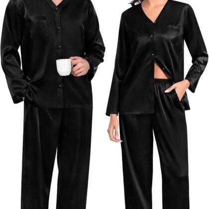 SWOMOG Family Matching Pajamas Sets for Women & Men Couples 2 Pcs Silk Satin Pjs Sets Button-Down Sleepwear Soft Loungewear