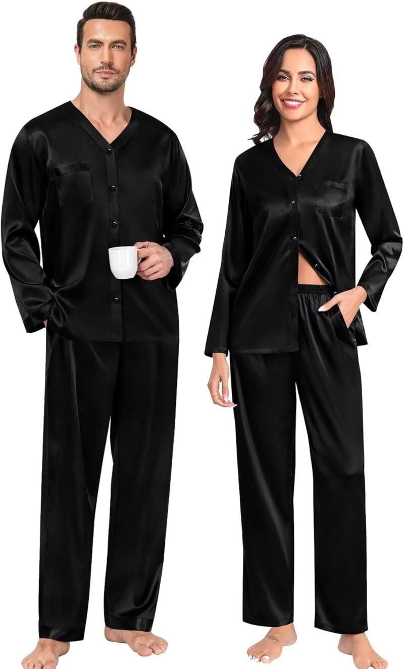 SWOMOG Family Matching Pajamas Sets for Women & Men Couples 2 Pcs Silk Satin Pjs Sets Button-Down Sleepwear Soft Loungewear