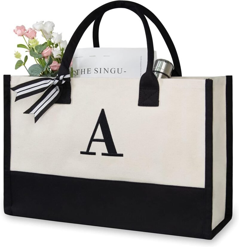 TOPDesign Embroidery Initial Canvas Tote Bag, Personalized Present Bag, Suitable for Wedding, Birthday, Beach, Holiday, is a Great Gift for Women, Mom, Teachers, Friends, Bridesmaids (Letter A)