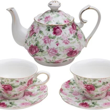 Gracie China by Coastline Imports Porcelain Pink Summer Chintz 5-Piece Tea Set, 7 fl oz