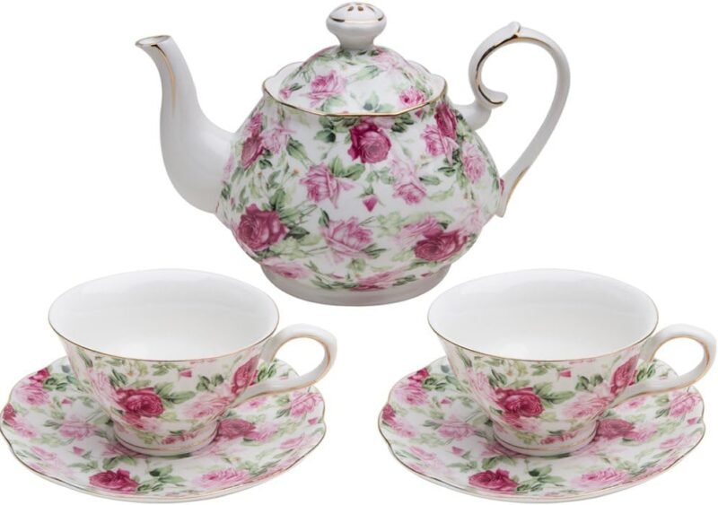 Gracie China by Coastline Imports Porcelain Pink Summer Chintz 5-Piece Tea Set, 7 fl oz