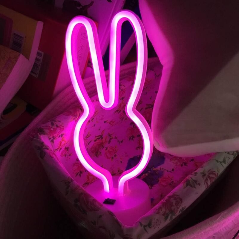 BAILEY Rabbit Ears Neon Sign,Easter Bunny Rabbit LED Lights with Holder Base,USB or 3-AA Battery Powered Neon Light of Business Premises for Christmas Easter Party Holiday Night Bedroom Gifts (Pink) - Image 9