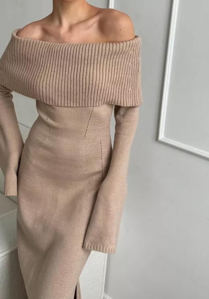 Women's Off The Shoulder Bodycon Sweater Dress Long Sleeve Elegant Ribbed Cocktail Formal Fall Knit Maxi Dress - Image 2