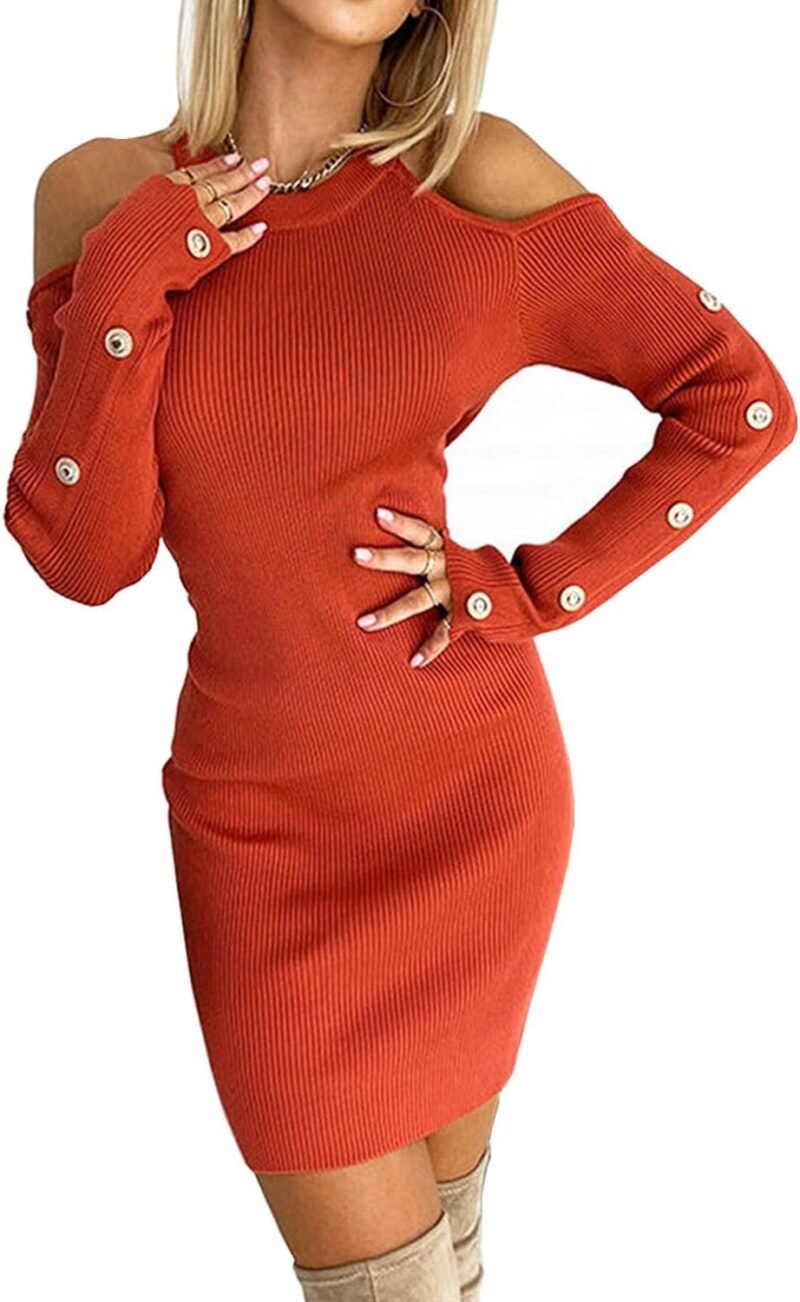 Womens Sexy Cold Shoulder Long Sleeve Bodycon Dresses Ladies Cute Ribbed Knit Mini Short Dress with Buttons