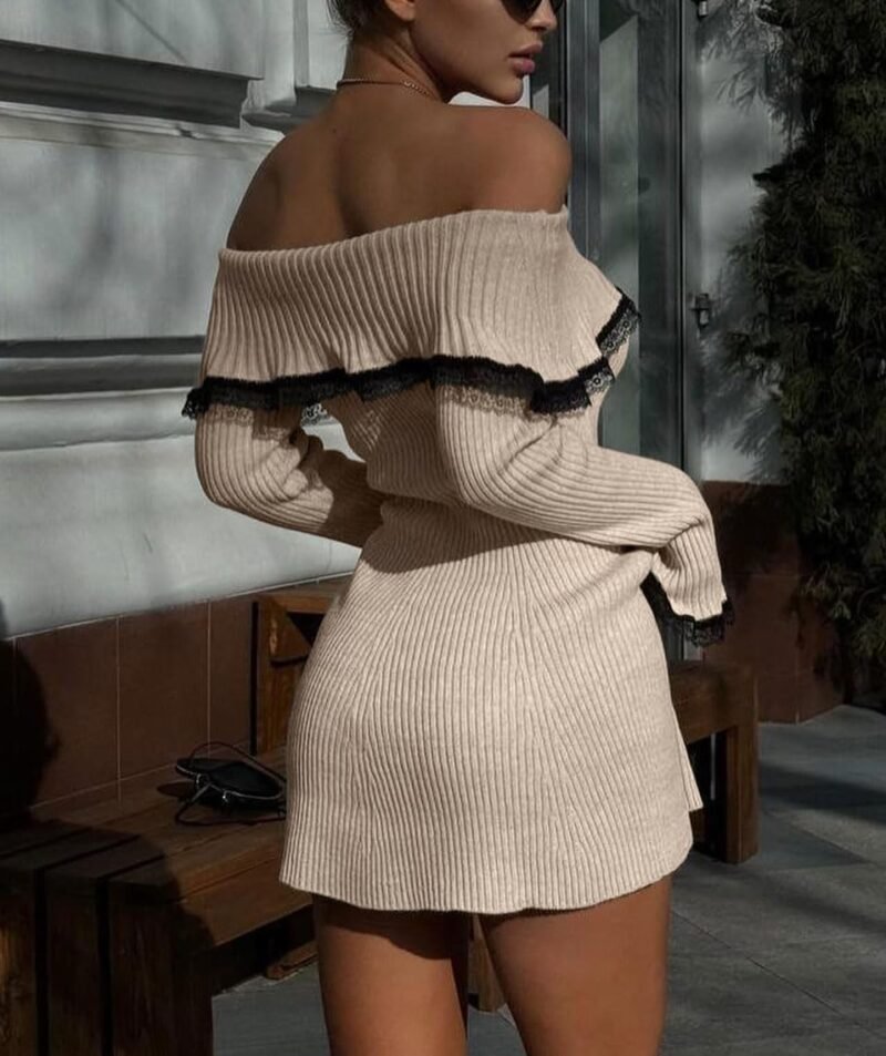 chouyatou Women's Off The Shoulder Bell Long Sleeve Sweater Mini Dress Lace Trim Bodycon Ribbed Knit Sweater Dress - Image 4