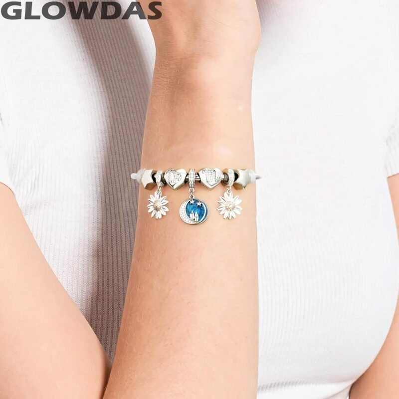 Couple Lover Under Night Sky Crescent Moon Stars Charms, fits Pandora Valentines Day Bracelet, Sterling Silver Blue Enamel Pendant Beads, Gifts for Wife/Couple - Image 4