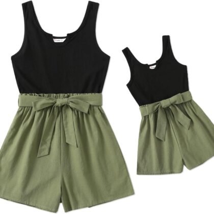 PATPAT Mom and Daughter Matching Jumpsuits - Black Tank Top with Floral Wide-Leg Shorts