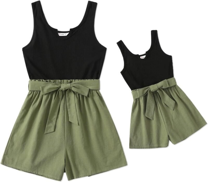 PATPAT Mom and Daughter Matching Jumpsuits - Black Tank Top with Floral Wide-Leg Shorts