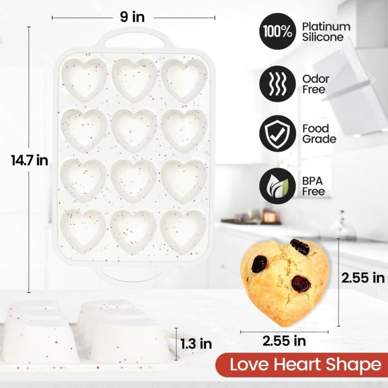Heart Shaped Silicone Muffin Pan, Metal Reinforced Frame 12 Cups Heart Molds for Valentine's Day Baking Heart Shaped Egg Muffins, Cupcakes, Tartlets, Egg Bites, Chocolate Muffin, Soaps 2 Pack Confetti - Image 5