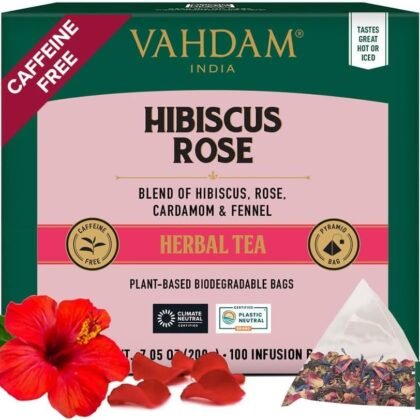 VAHDAM, Hibiscus Rose Tea Bags - 100% Whole Hibiscus Flowers Herbal Tea Bags (100 Count) With Rose, Chamomile & Exotic Spices | Caffeine Free, Floral Flavor Tisane | Resealable Ziplock Pouch