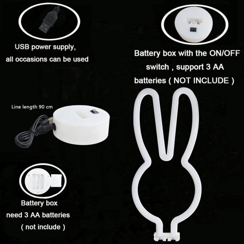 BAILEY Rabbit Ears Neon Sign,Easter Bunny Rabbit LED Lights with Holder Base,USB or 3-AA Battery Powered Neon Light of Business Premises for Christmas Easter Party Holiday Night Bedroom Gifts (Pink) - Image 8