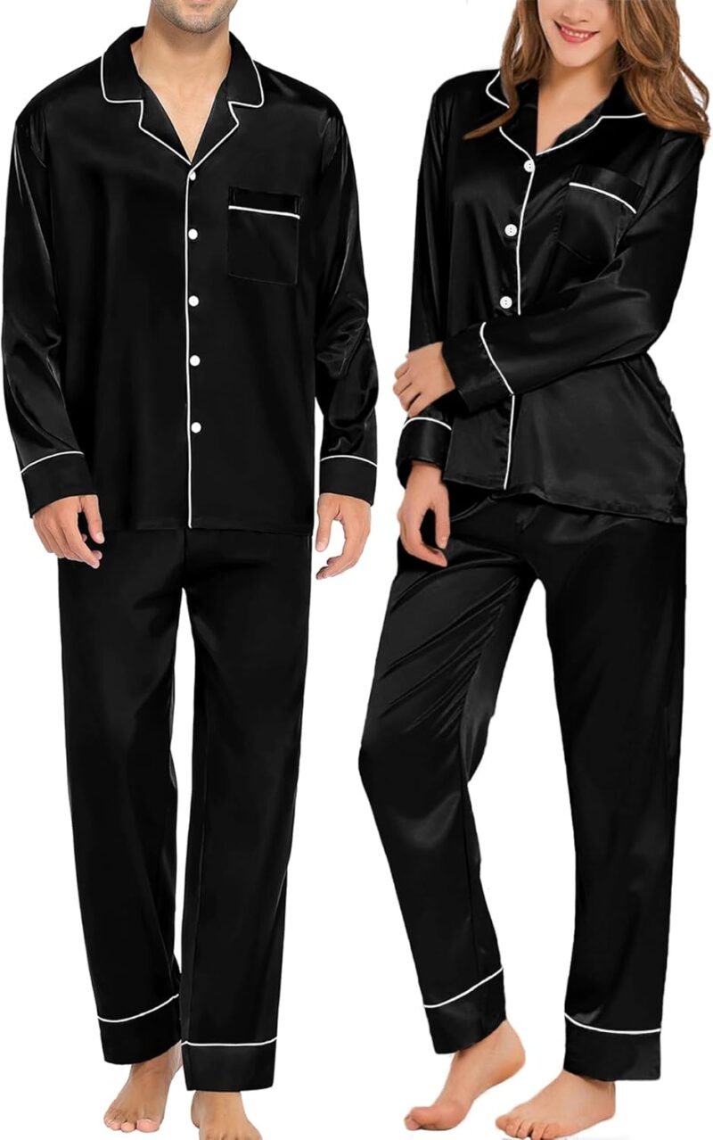 SWOMOG Couples Matching Pajamas Sets Women & Men Silk Satin Long Sleeve Button Down Sleepwear 2 Pcs Classic Loungewear