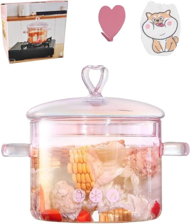 1.5L Pink Glass Potpourri Pot, 1500ml (51oz), Glass Cooking Pot, Heart-shaped Lid, Easy to Clean, Heat Resistant, Safe for Oven, Gas, Electric Stoves, and Dishwashers. for Potpourri, Pasta, and Soups.