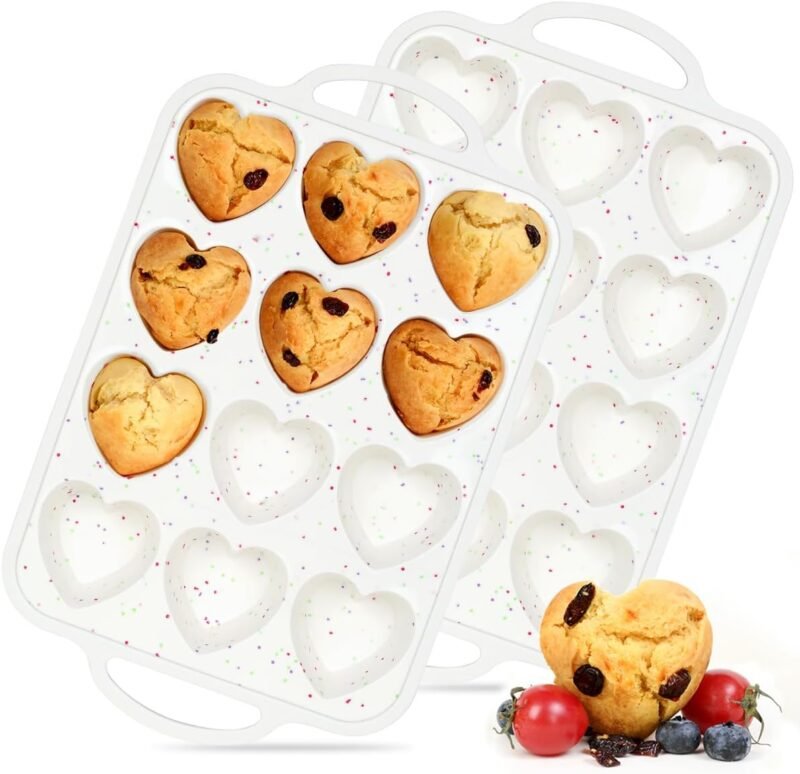 Heart Shaped Silicone Muffin Pan, Metal Reinforced Frame 12 Cups Heart Molds for Valentine's Day Baking Heart Shaped Egg Muffins, Cupcakes, Tartlets, Egg Bites, Chocolate Muffin, Soaps 2 Pack Confetti