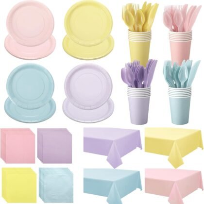 Mifoci 364 Pcs Macaron Color Tableware Decorations Pastel Paper Plates and Paper Napkins Cups for 15 Guests Disposable Dinnerware Set Baby Shower Birthday Wedding Party