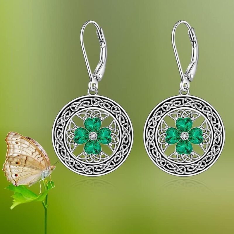 St Patricks Day Shamrock Earrings for Women Sterling Silver Green Celtic Knot Four Leaf Clover Irish Dangle Drop Earrings Crystal Vintage Black Circle Leverback Valentines Day Gift - Image 6