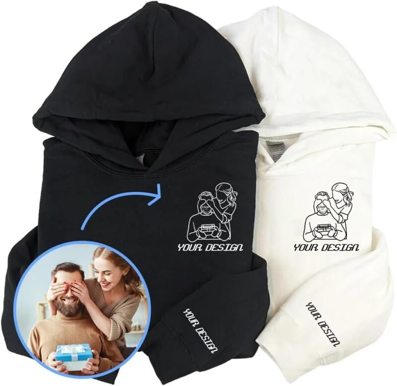 Embroidered Custom Portrait from Photo Sweatshirt. Photo Outline Hoodie. Couple Matching Hoodies. Valentine's Gift