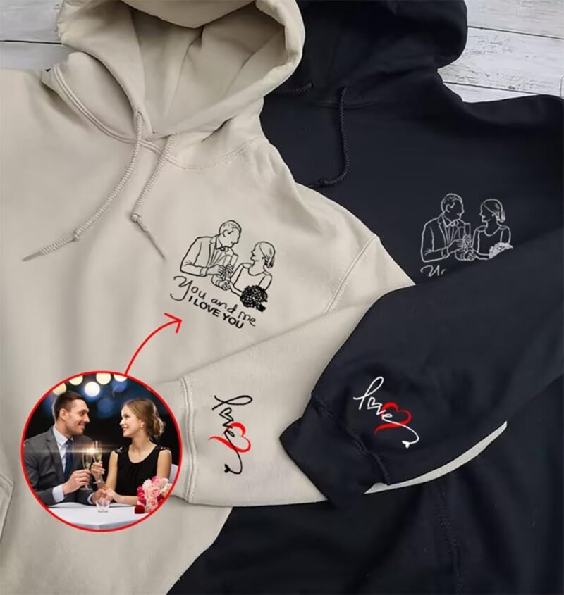 Embroidered Custom Portrait from Photo Sweatshirt. Photo Outline Hoodie. Couple Matching Hoodies. Valentine's Gift - Image 3