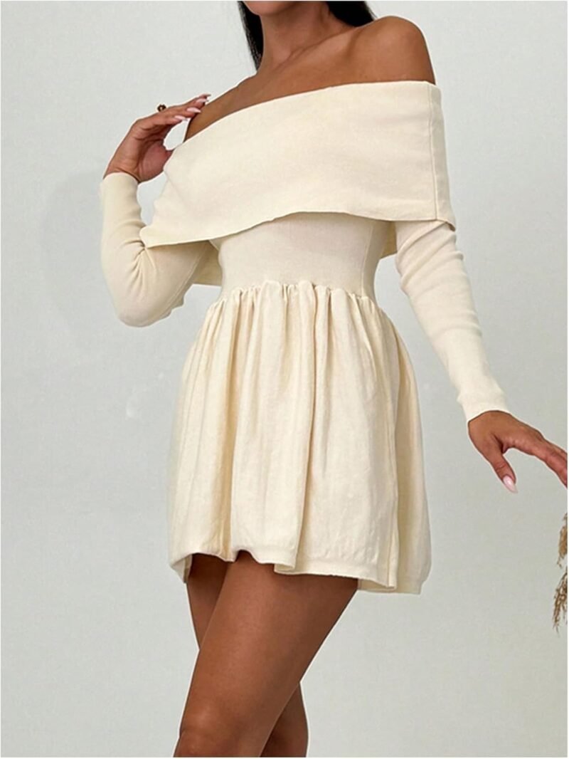 SOLY HUX Women's Off The Shoulder Sweater Dress Long Sleeve A Line Ruffle Hem Knit Mini Dresses - Image 5