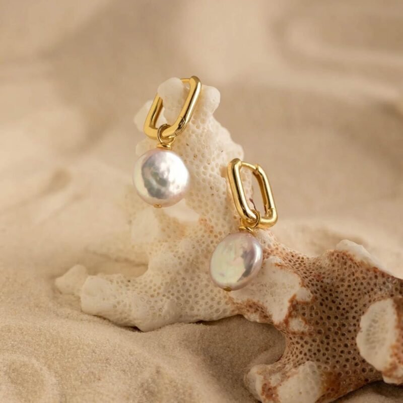 CAITLYNMINIMALIST Bridget Geometric Pearl Charm 18K Gold Sterling Silver Huggie Hoop Earrings for Women - Image 3