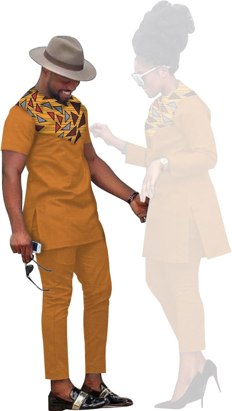 African Coupleswear Women's Ankara Printed Top and Trousers Set Bazin Riche Men's Matching Top and Trousers Set - Image 3