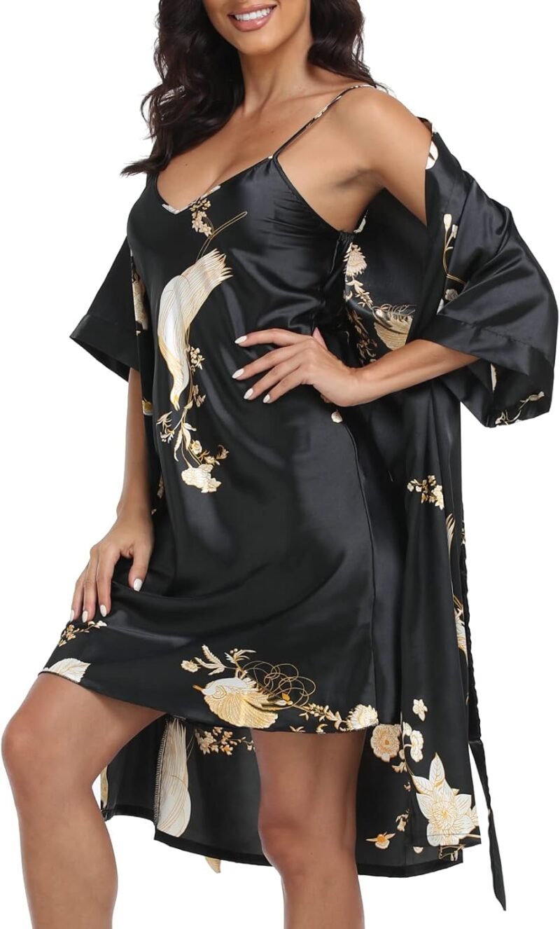 Women's Satin Robe Sets 2 Piece Nightgown Silk Pajama Sexy Floral Lingerie Lace Cami Sleepwear Night Robes - Image 5