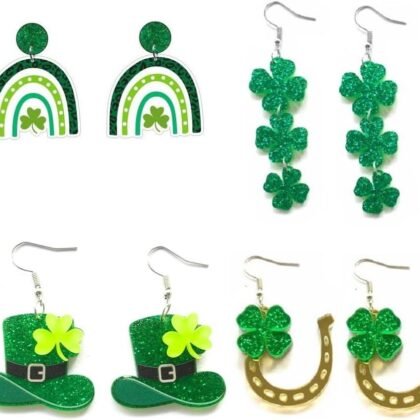 4 Pairs St. Patrick's Day Earrings Set Glitter Green Lucky Clover Acrylic Dangle Earrings Handmade Irish Shamrock Rainbow Cat Dog Beer Wood Dangle Drop Earrings for Women Holiday Jewelry