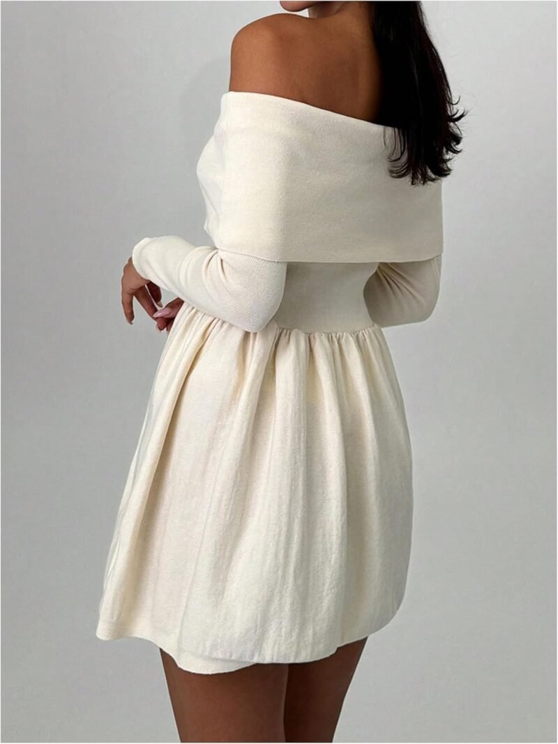 SOLY HUX Women's Off The Shoulder Sweater Dress Long Sleeve A Line Ruffle Hem Knit Mini Dresses - Image 2