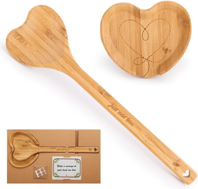 Heart Shaped Wooden Spoon & Heart Spoon Rest With A Unique Bumble Bee Design. Queen Bee Kitchen decor and accessories - Engraved With Just Add Love