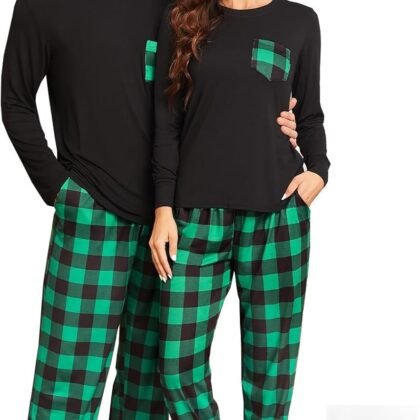 Men & Women Pajama for Couple Christmas Plaid Pajama Set Long Sleeve Sleepwear Soft Modal Lounge Set with Pocket