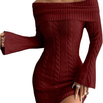 MakeMeChic Women's Off The Shoulder Cable Knit Sweater Dress Bell Sleeve Bodycon Mini Dresses