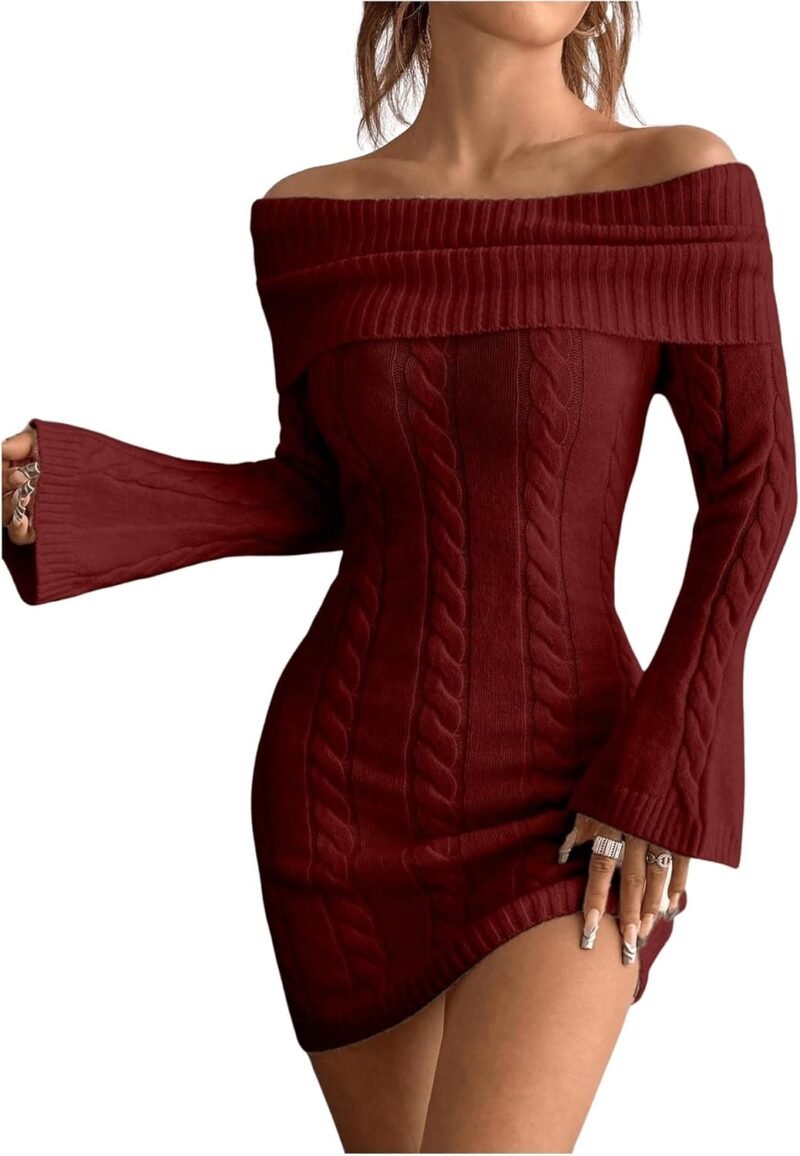 MakeMeChic Women's Off The Shoulder Cable Knit Sweater Dress Bell Sleeve Bodycon Mini Dresses
