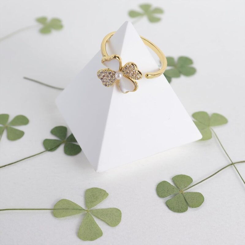 Sonateomber Gold Four Leaf Clover Ring for Women, Dainty Statement Adjustable Open Green White Rhinestone Enamel Shamrock Stacking St Patrick’s Day Prom Jewelry Gift - Image 8