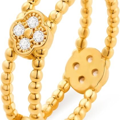Cicy Bell Four Leaf Clover Rings for Women Trendy 18k Gold Plated Cubic Zirconia Beaded Stacking Ring Good Luck Jewelry Gifts