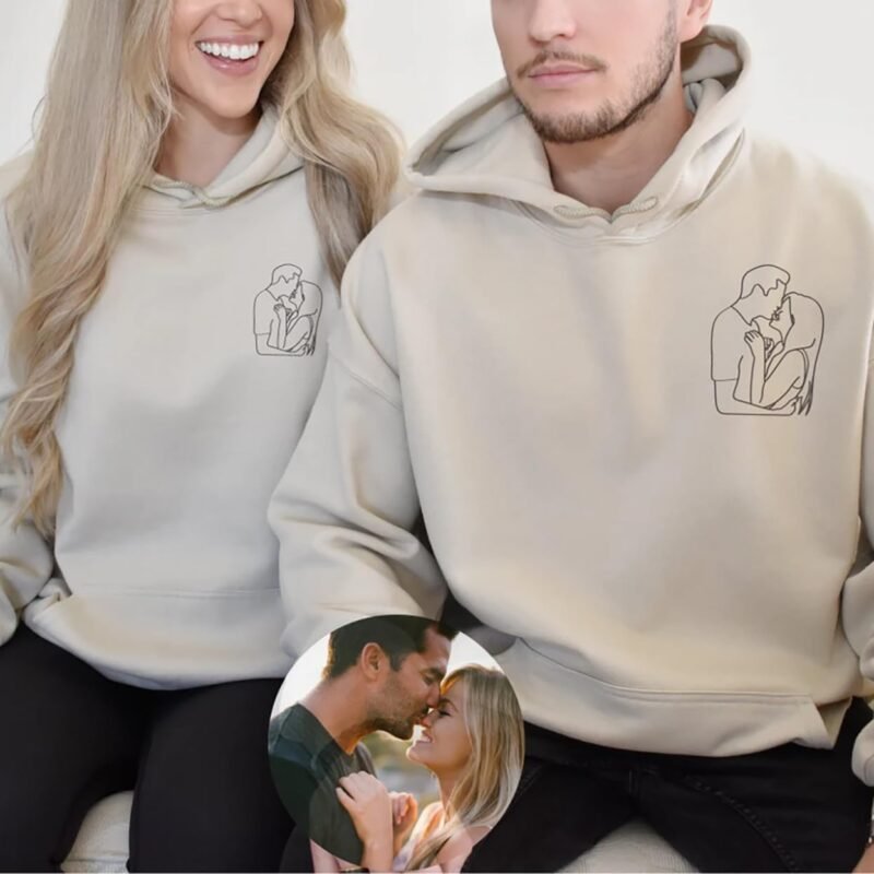 Embroidered Custom Portrait from Photo Sweatshirt. Photo Outline Hoodie. Couple Matching Hoodies. Valentine's Gift - Image 2