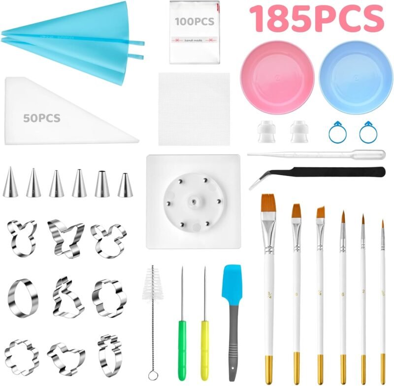 Easter Cookie Decorating Kit(ALL-IN-ONE),185Pcs with 9pcs Easter cookie cutters,Mixing Tools,Piping Tools,Decorating Tools and 100pcs Cookies Bags for Baking Beginners and Decorator