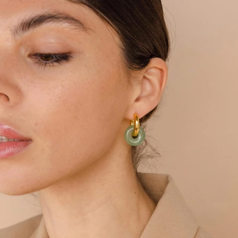 CAITLYNMINIMALIST Natural Jade Chunky 18K Gold Dangle Drop Bold Huggie Hoop Earrings for Women Gift for Her - Image 5