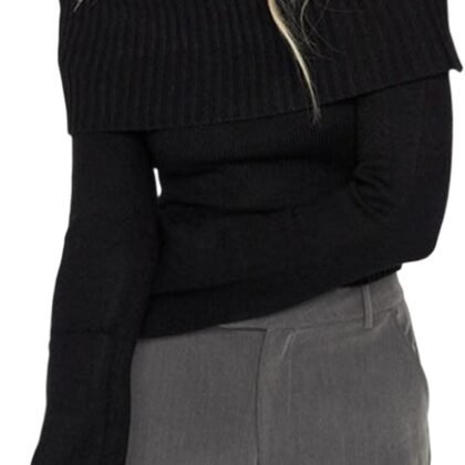 Women Casual Solid Sweater Top Long Sleeve Off Shoulder Ribbed Knit Cropped Shirt Fairy Grunge Fall Y2K Streetwear