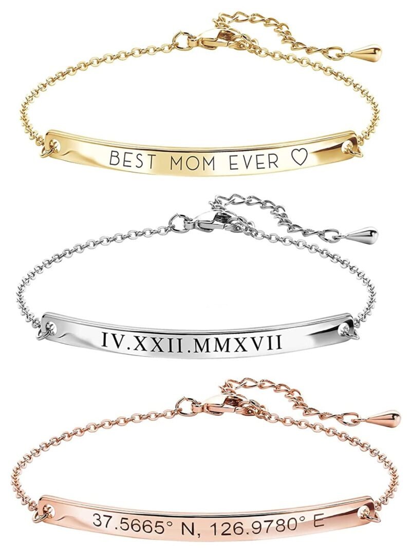 Custom Name Bracelet Coordinate Engraved Bracelet for Women Valentines Gifts for Mother Day id bracelet women Gold BarJewelry for Teen Girls -12BR