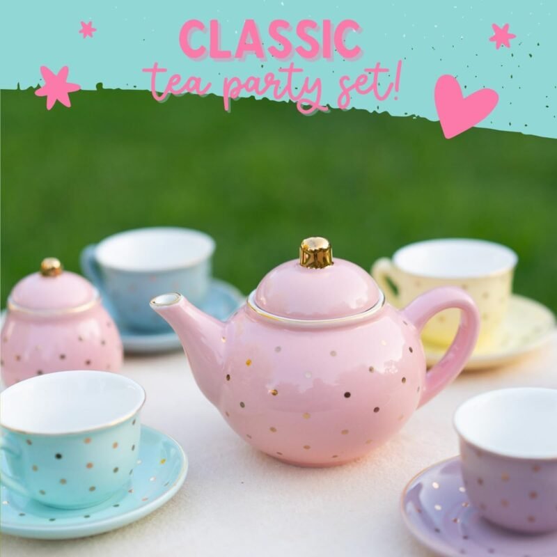 Porcelain Tea Set for Girls - Pastel with Gold Polka Dot Tea Party Set for Kids I Complete Children Tea Sets with Carry Case, Birthday Gift for Little Girls & Toddlers - Image 3
