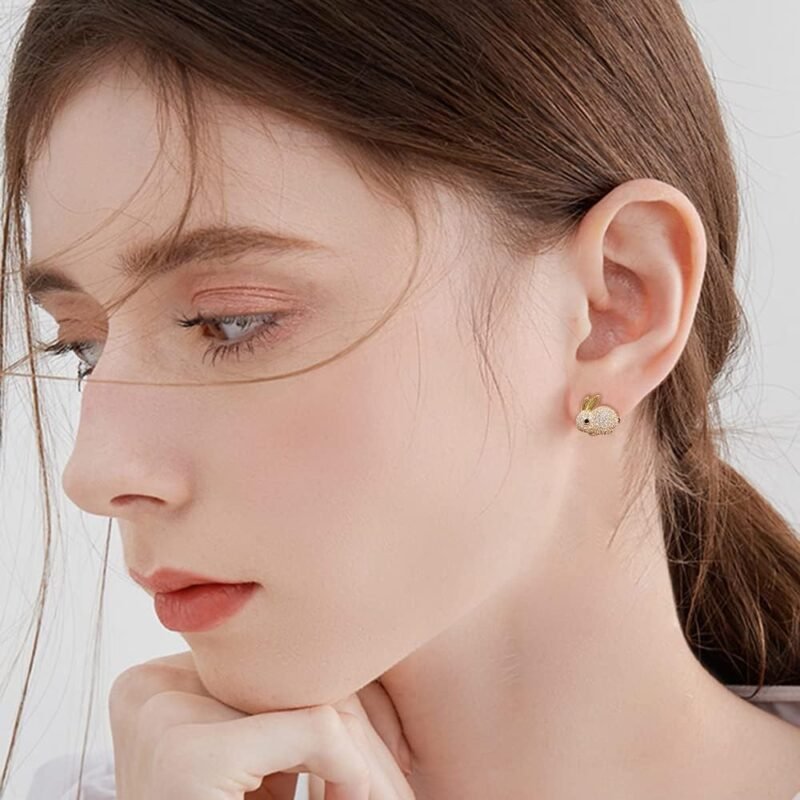 Cubic Zirconia Rabbit Stud Earrings for Women Rhinestone Cute Animal Pet Bunny Cartilage Earrings Small Studs Piercing Post Dainty Jewelry Gifts - Image 2