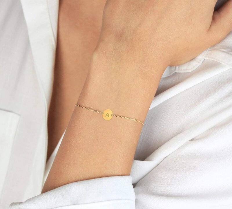 Personalized Initial Bracelet 18K Gold Plated Stainless Steel Letter Bracelet Dainty Coin Charm Bracelet Delicate Disc Name Bracelet for Women - Image 2