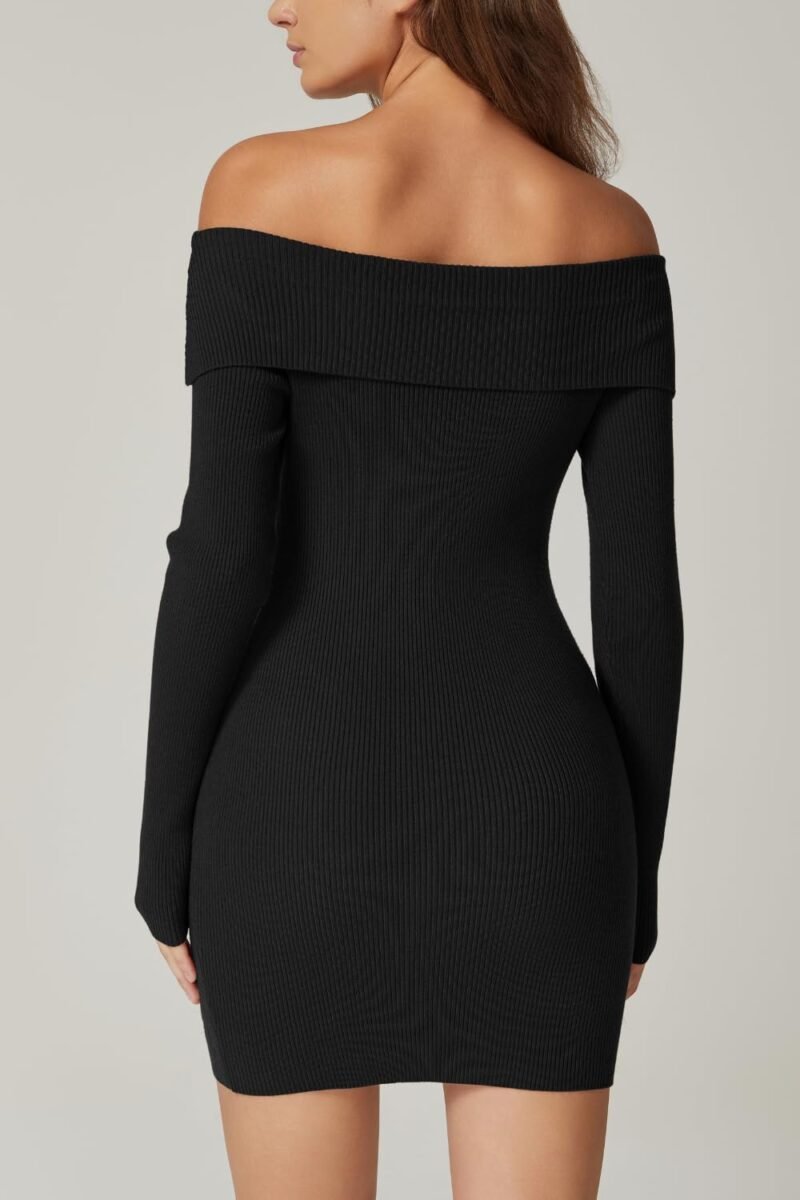 QINSEN Women's Off The Shoulder Ribbed Knit Sweater Dress Folded Neck Long Sleeve Mini Dress 2024 Trendy Fall Outfits - Image 2