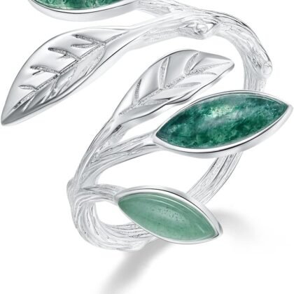 S925 Sterling Silver Marquise Shape Jade Aventurine Open Leaf Ring Olive Leaf Ring Handmade Jewelry Unique Gifts for Women Mother Mom Wife