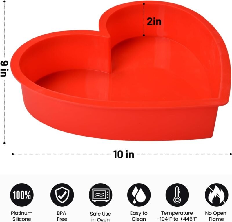 Set of 2 Silicone Heart Shaped Cake Pans - 10 Inch Nonstick Heart Cake Pan, Food Grade Silicone Heart Mold, Microwave and Oven Safe – Red - Image 3