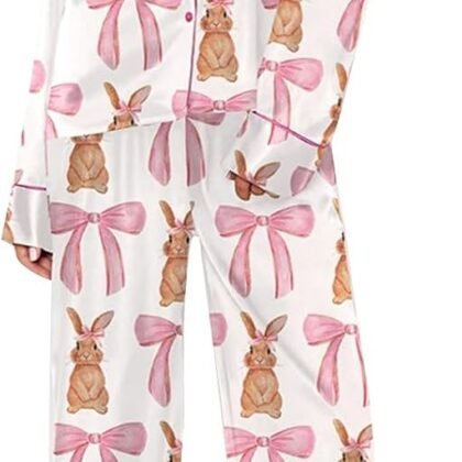 Women Silk Satin Pajamas Sets Cute Print Long Sleeve Button Down Shirt Palazzo Pants Y2k 2 Piece Pjs Lounge Set