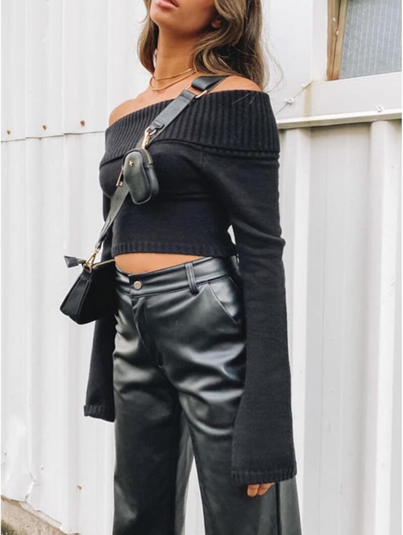 Women Casual Solid Sweater Top Long Sleeve Off Shoulder Ribbed Knit Cropped Shirt Fairy Grunge Fall Y2K Streetwear - Image 4