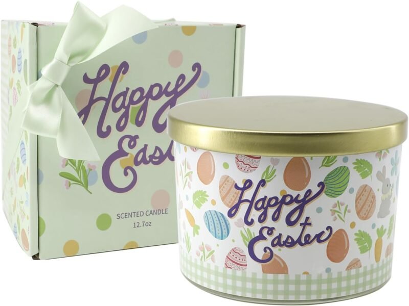 Easter Decorations - 3 Wick Easter Scented Candle, Easter Gifts for Women, Jasmine Lily Candles(12.7 oz)