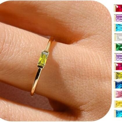 RLMOON Gold Birthstone Rings for Women Non Tarnish Gold Stackable Ring Dainty 14K Gold Plated Baguette CZ Emerald Green Gemstone Ring Personalized Jewelry Gift for Birthday Size 6-10